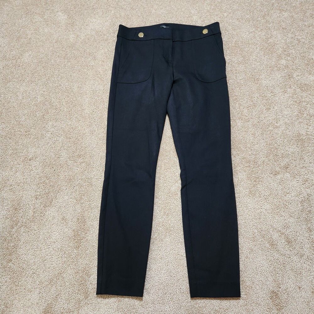 LOFT Marisa Pants Women 4 Black Mid Rise Slim Straight Button Detail